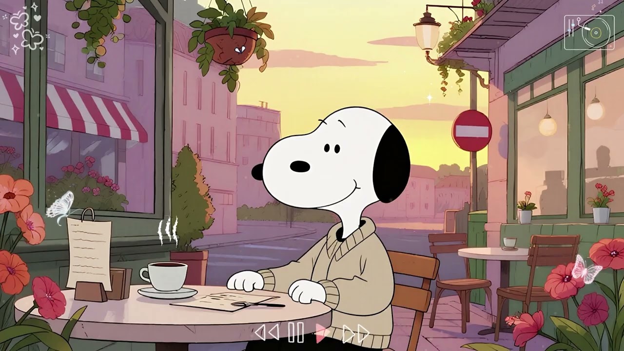 Relaxing Sunset Street Cafe Jazz with Snoopy 🌇☕ | Calm & Happy Vibes