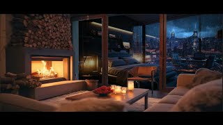 Rainy Night City View  Smooth Piano Jazz Music with Crackling Fireplace for Ultimate Relaxation