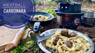 Camp fire cooking: Meatball Carbonara (traditional style) – Cooked on the Kelly Kettle