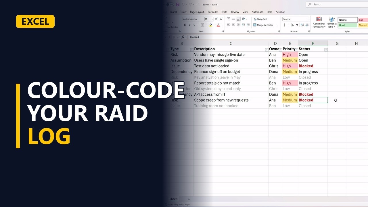 Excel Conditional Formatting for a RAID Log (Business Analyst Tips)