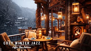 Cozy Winter In Outdoor Coffee Shop With Relaxing Smooth Jazz Instrumental With & Gently Falling Snow