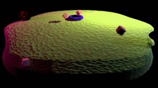 Low res, low sample cycles render of basic shapes dropping on a snot asteroid