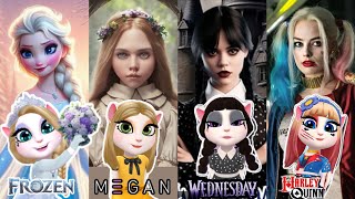 Wednesday Addams ☠️ vS Harley Quinn vS M3gan Doll vs Frozen Elsa Queen 👸🏼  my Talking angela 2