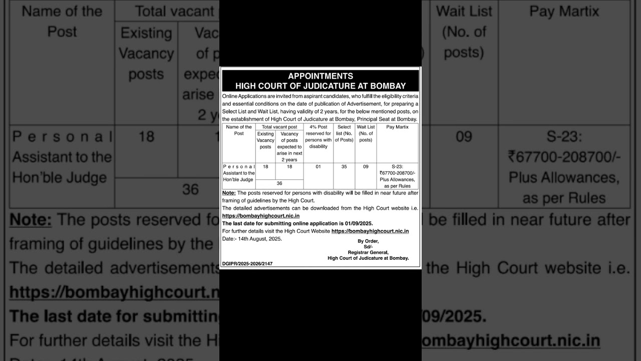 Bombay High Court Recruitment 2025 – 36 Personal Assistant Posts | Apply Online
