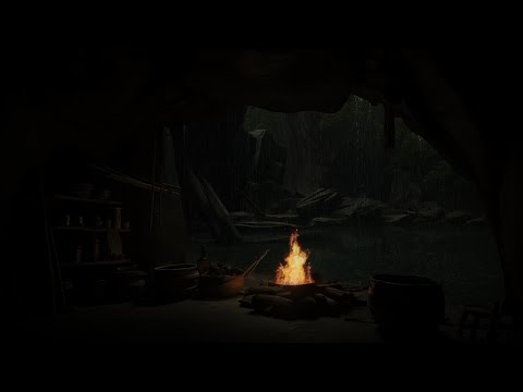ASMR ateşi olan bir mağarada rahat ve huzurlu yağmurlu gece