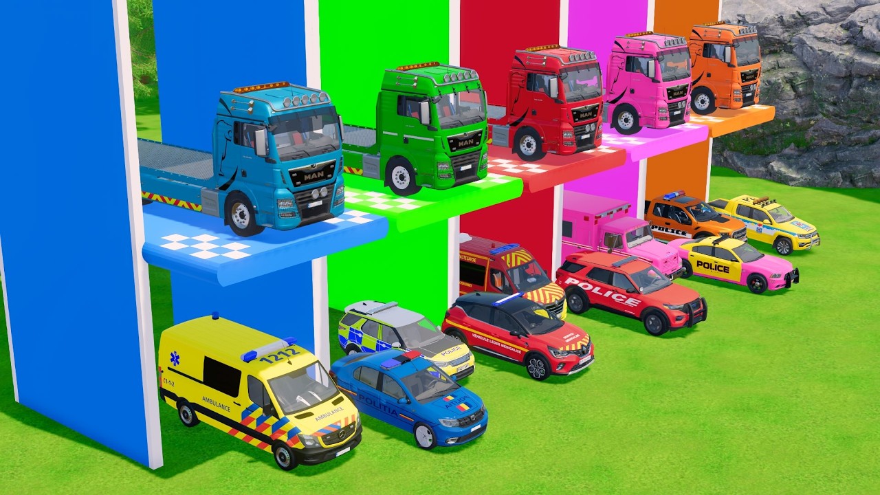 TRANSPORTING ALL POLICE CARS and AMBULANCE EMERGENCY VEHICLES WITH MERCEDES POLICE TRUCKS ! FS22