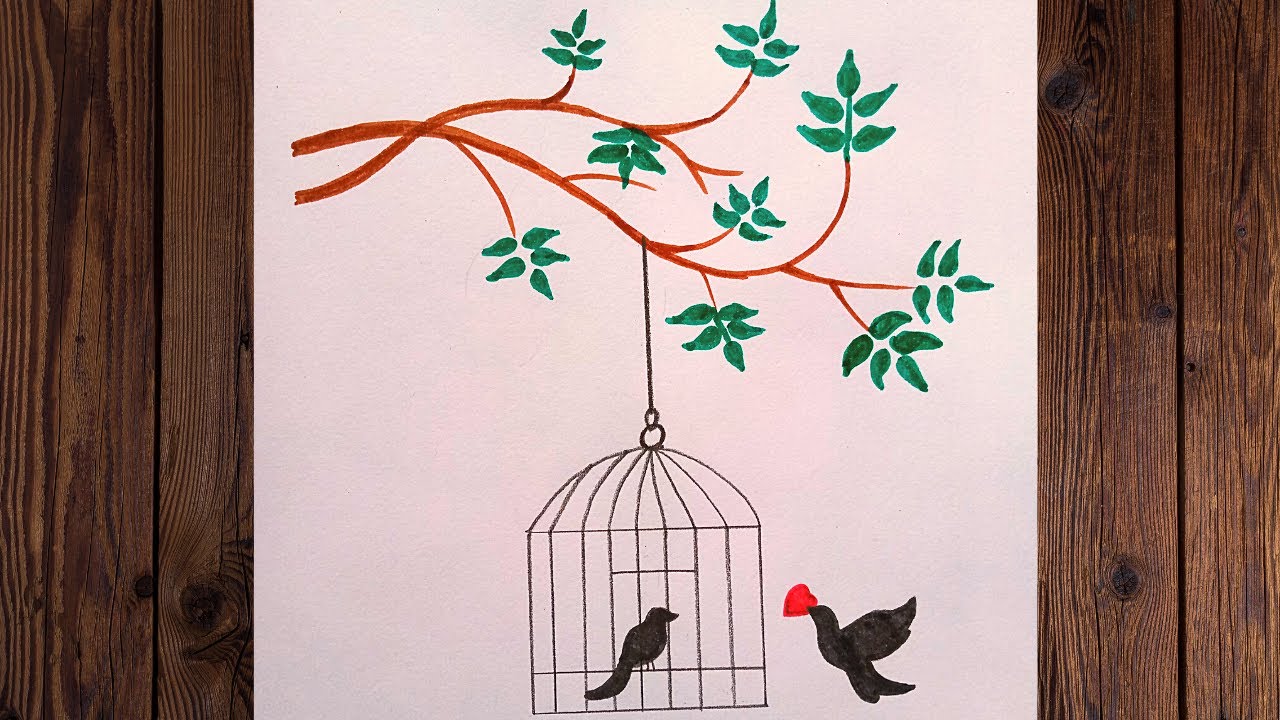 How to draw bird with cage drawing easy / bird in cage love drawing