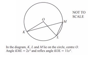 K, L and M lie on the circle, center O. Angle KML=2x° and reflex angle KOL=11x°. Find x.