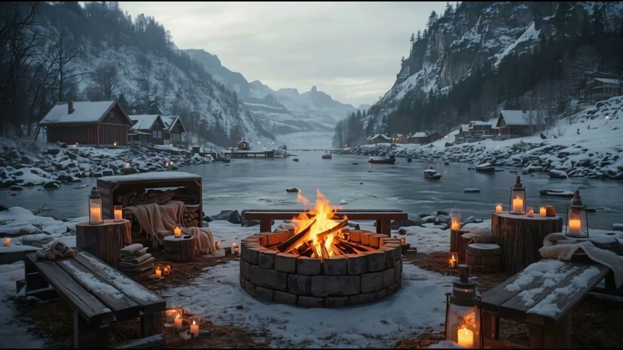Snowy Evening by the Bonfire | Jazz Ambience & Fireplace Crackles for Relaxation