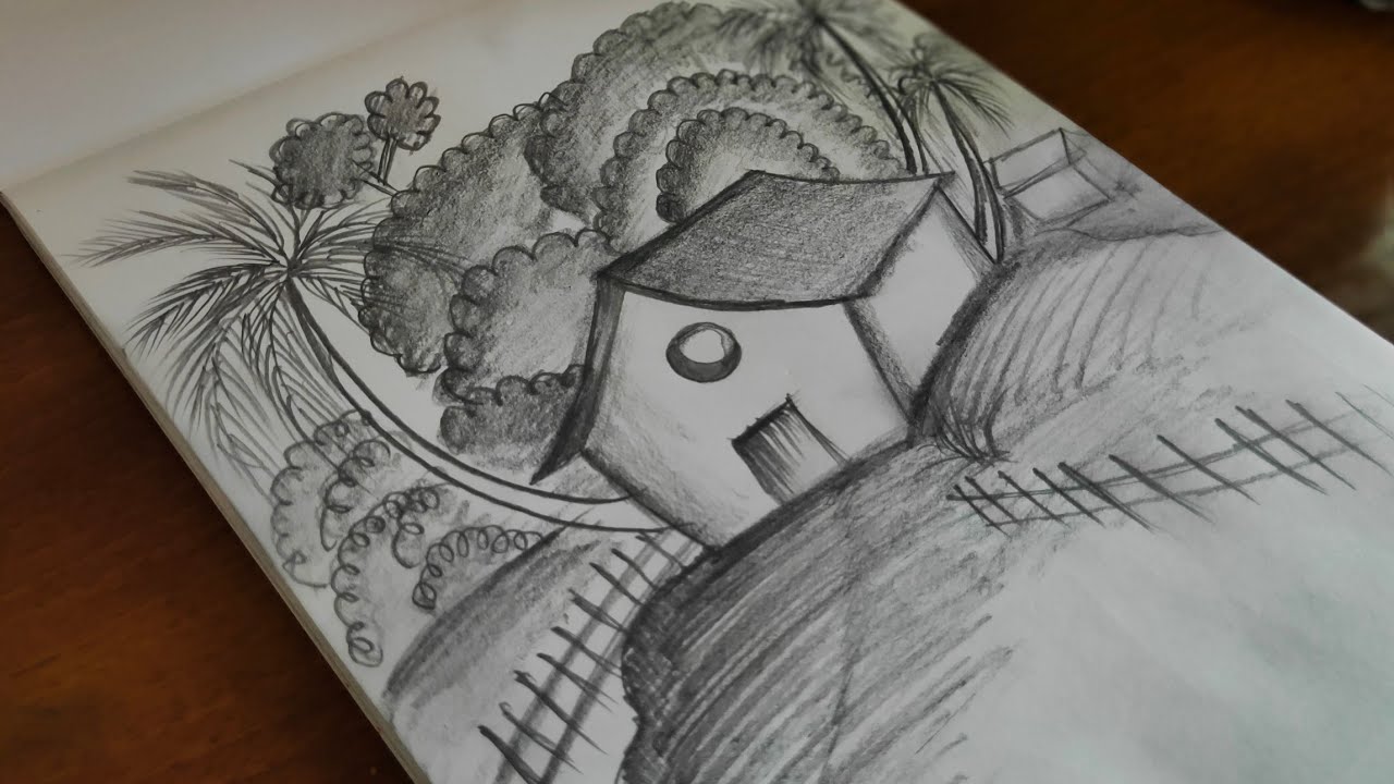 Easy pencil shading scenery Drawing for kids,landscape scenery Drawing