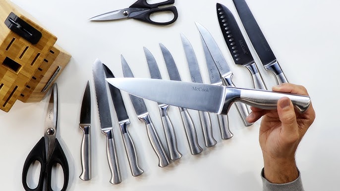 McCook MC21B Black Knife Set, 15 PCS High Carbon One Piece Forged Stainless  Steel Kitchen Knife Set, Knife Set with Block and Built-in Sharpener ,6 Pcs  Steak Knives 