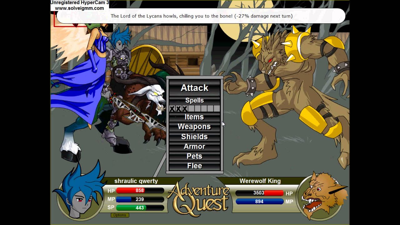 AdventureQuest || Safiria + Were-wolf King (no spells!) || Shraulic Qwerty