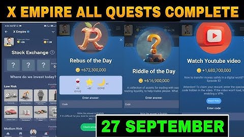 27 September All Quests Code X Empire | Youtube Video Code | Rebus Of The Day | Investment Fund Card