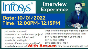 Infosys Interview Experience 10/01/2022 | Interview Questions and Solutions