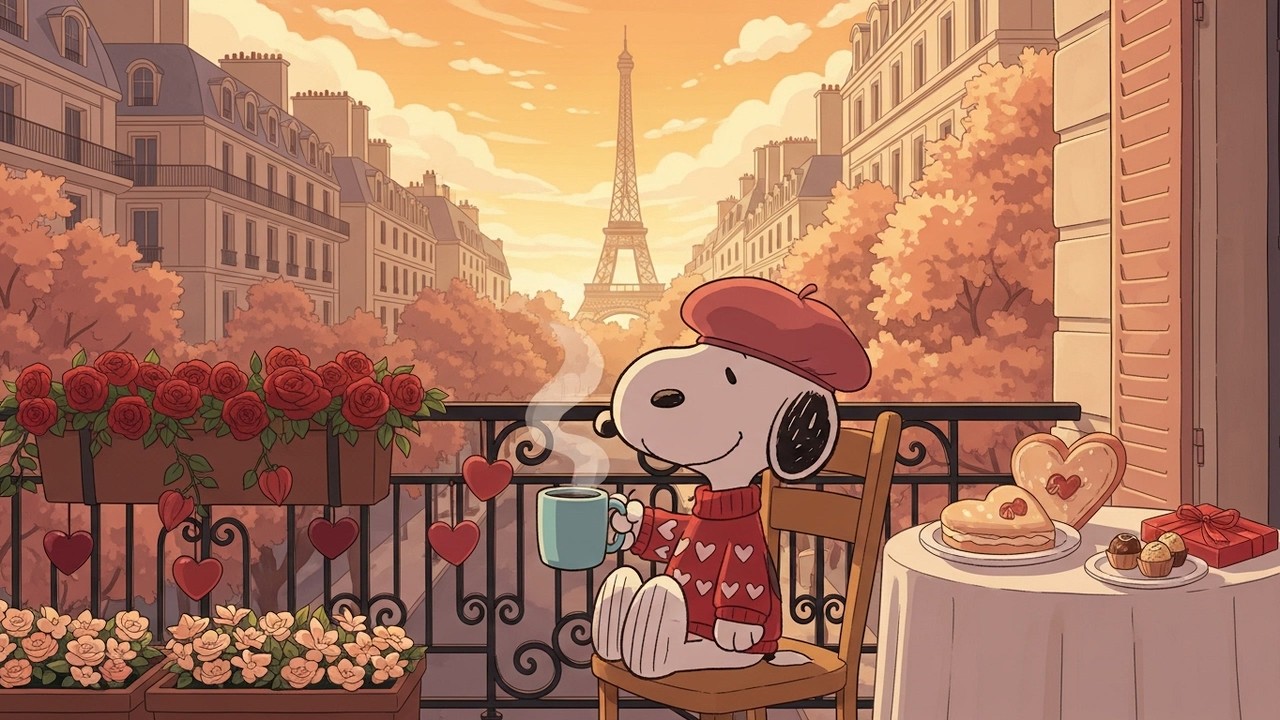Valentine Snoopy in Paris 🌅 Romantic Balcony Sunset Lofi & Cozy Study Ambience