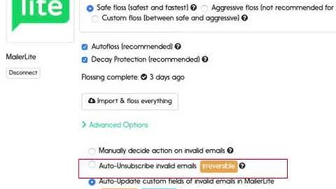 MailerLite email verification options using mailfloss