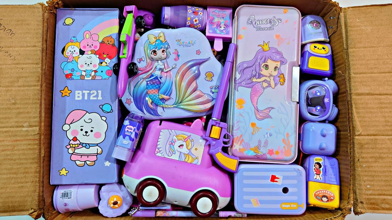 Unboxing Modern Purple Stationery 📚, Pencil Case, Piggy bank, Magic Eraser, Pen, Sharpener, Geometry