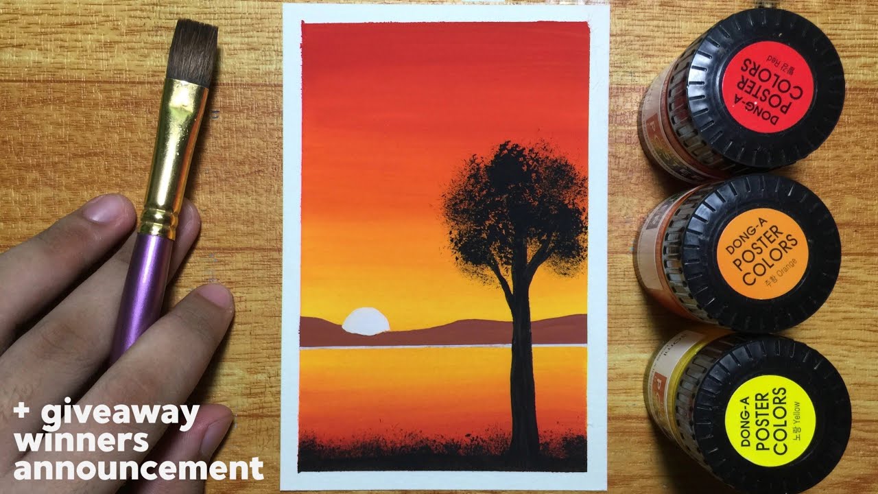 Easy Sunset Poster Color Painting for Beginners + Giveaway Winners Announcement! YouTube