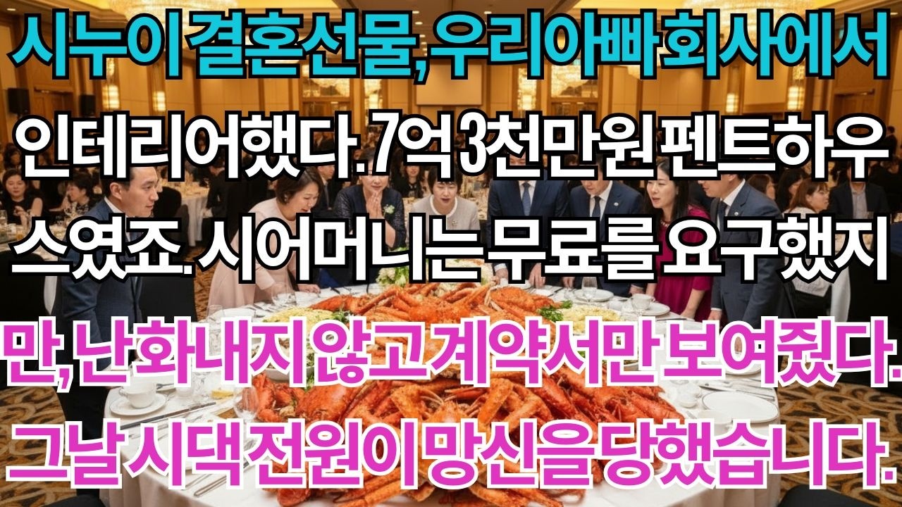 시누이 결혼선물 펜트하우스, 우리아빠 회사에서 인테리어했다. 7억 3천만원이 들어갔죠. 시어머니는 무료를 요구했지만, 전 계약서 한 장만 내밀었어요. 그날 시댁 전원이...