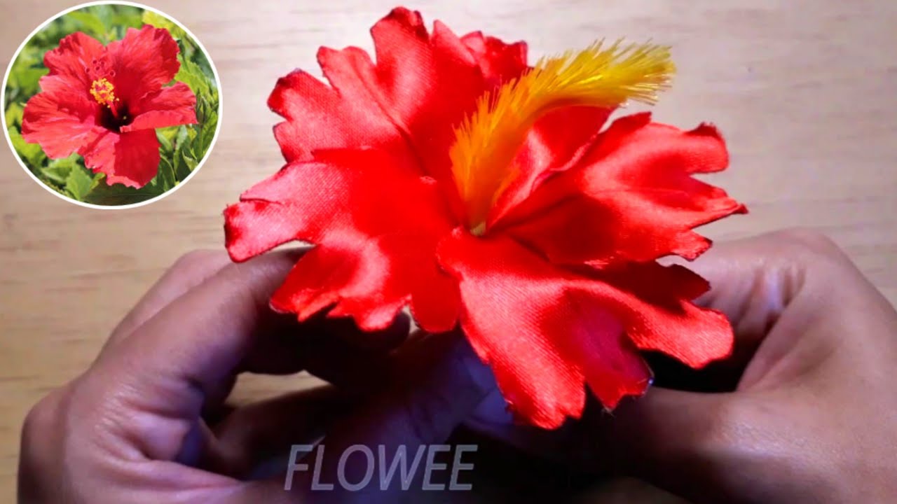 Ribbon flowers/ easy HIBISCUS flowers making with satin ribbon