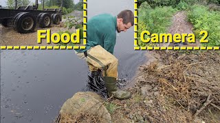 Draining Huge Flood Caused By Beavers Inserting Poop Inside Culvert On Heavy Trucking Logging Road