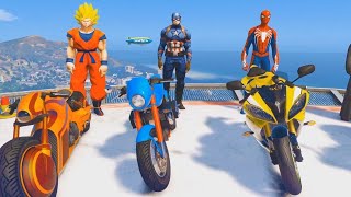 HOMEM ARANHA com MOTOS e SUPER HERÓIS | Desafio Parkour Pelo mar (GTA V MODS)