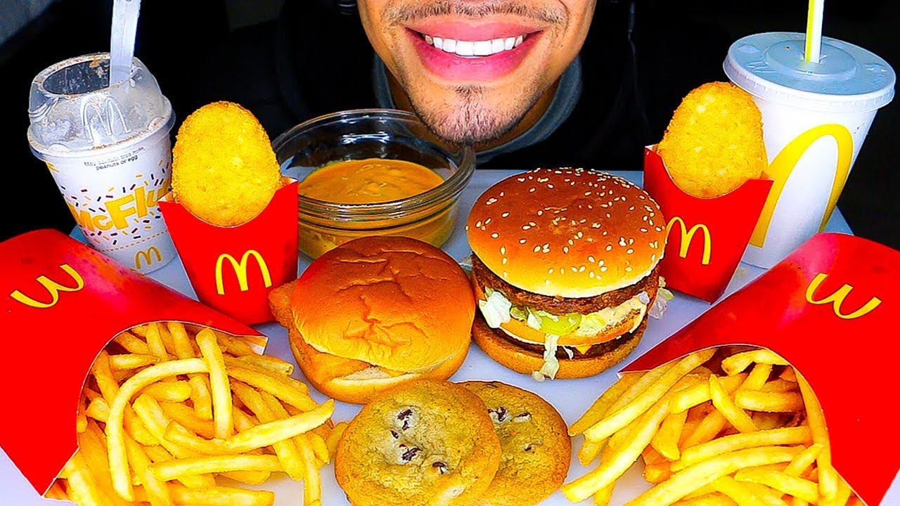 ASMR MCDONALDS WITH CHEESE SAUCE MUKBANG JERRY OREO MCFLURRY BIG MAC HASH BROWNS BIG BITES NO TALK