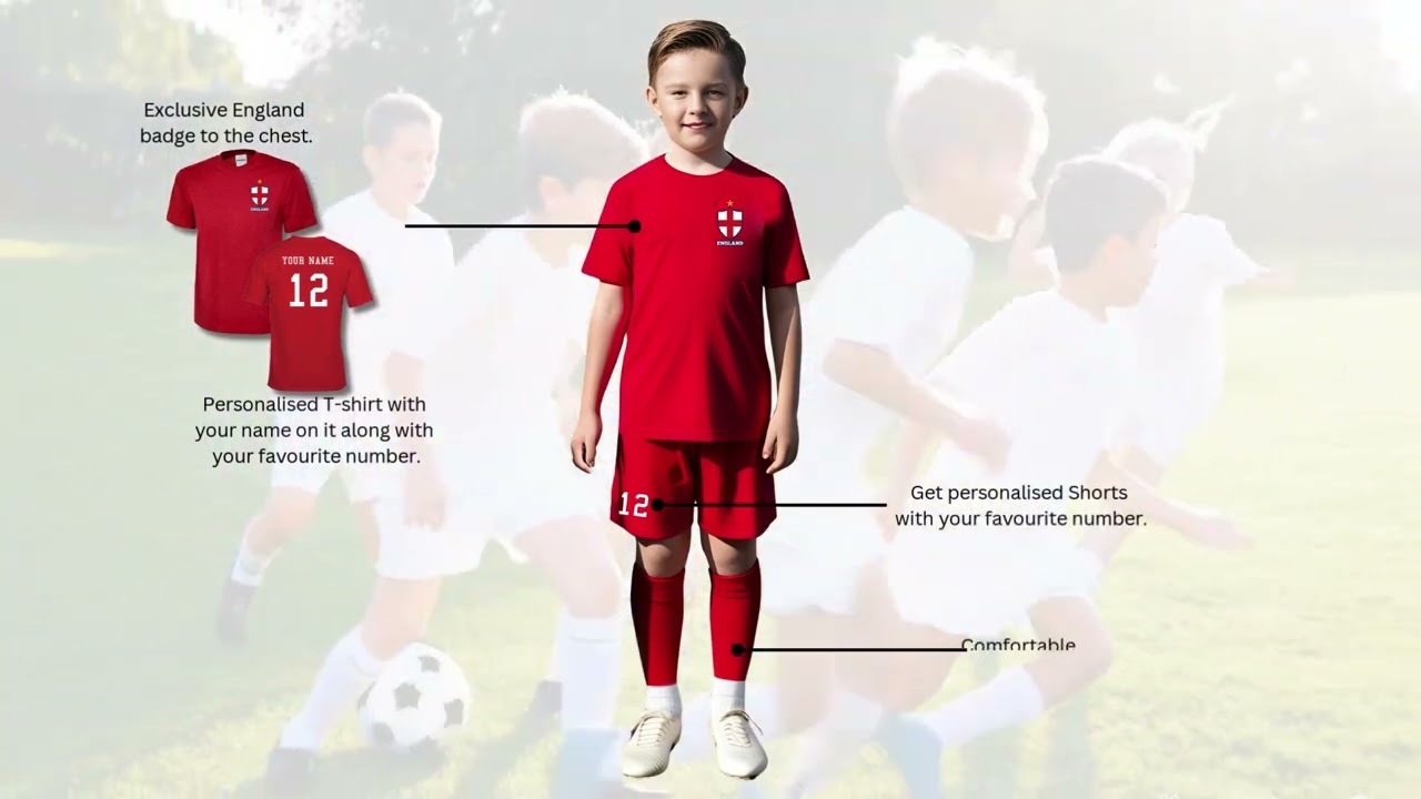 Personalised England Flag Badge Style Football Kit Shirt, Shorts & Sock 