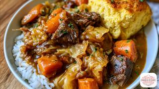 Country Beef & Cabbage Stew Served Over White Rice with Honey Butter Cornbread "Sunday Dinner"