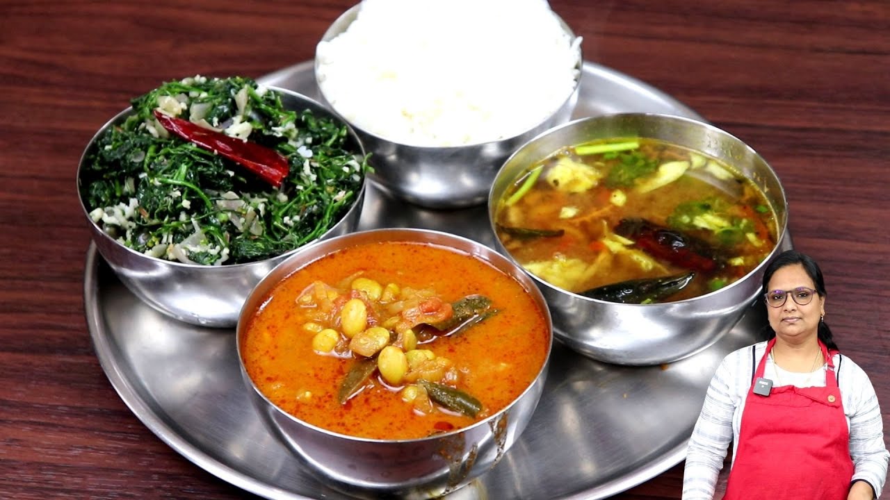 பச்சை மொச்சைபயறு குழம்பு கீரை பொரியல் ரசம் சாதம் | Kara Kulambu Keerai Poriyal | Lunch Menu in tamil