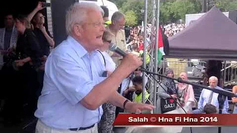 Bruce Kent, Campaign for Nuclear Disarmament speaks at the mass rally for Gaza in Hyde Park, London