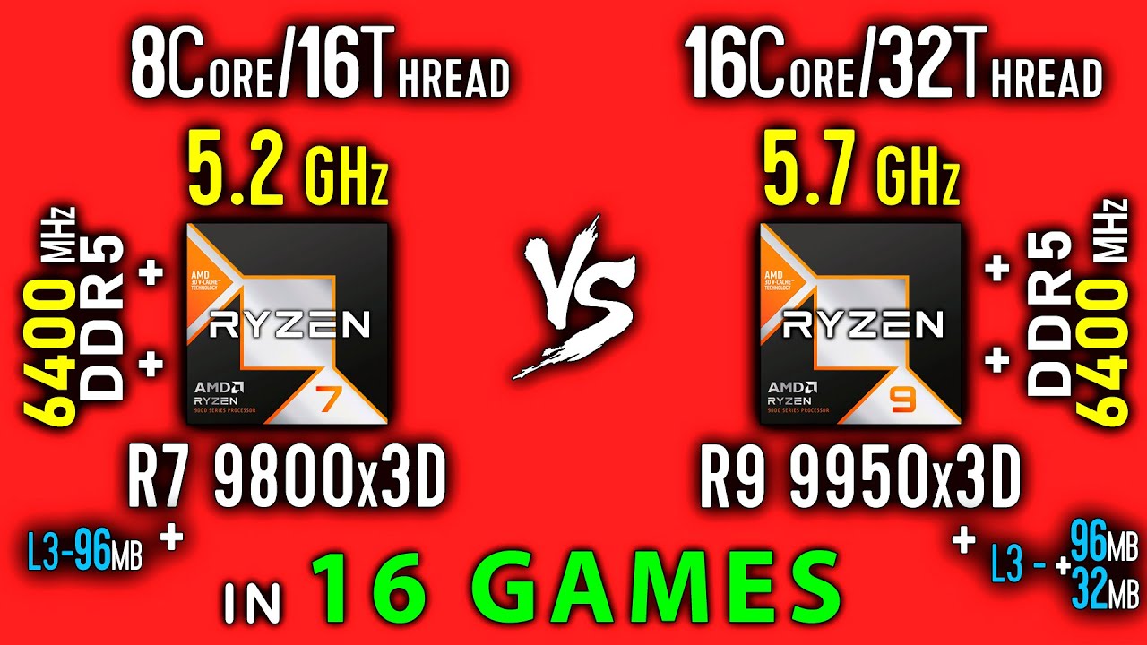 Ryzen 7 9800x3D vs Ryzen 9 9950X3D in 16 Games | R7 9800x3D vs R9 9950x3D - Thermal Power Efficiency
