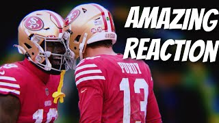 AMAZING reaction by 49ers Brock Purdy after he scrambled to find Brandon Aiyuk for a touchdown 🙌