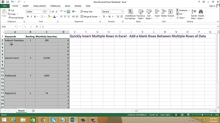 Quickly Insert Multiple Rows in Excel 2013 Add a blank Rows Between Multiple Rows of Data