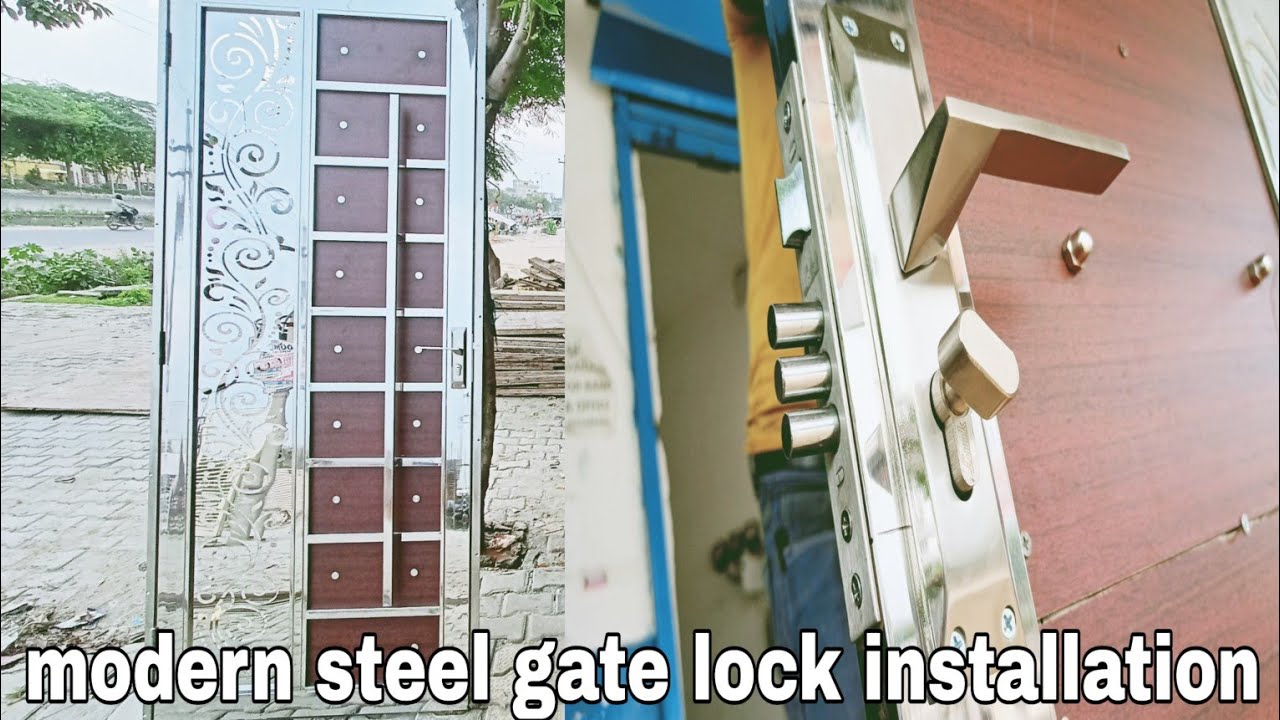 steel door lock installation / स्टील गेट लॉक इंस्टॉल / double handle door Lock installation