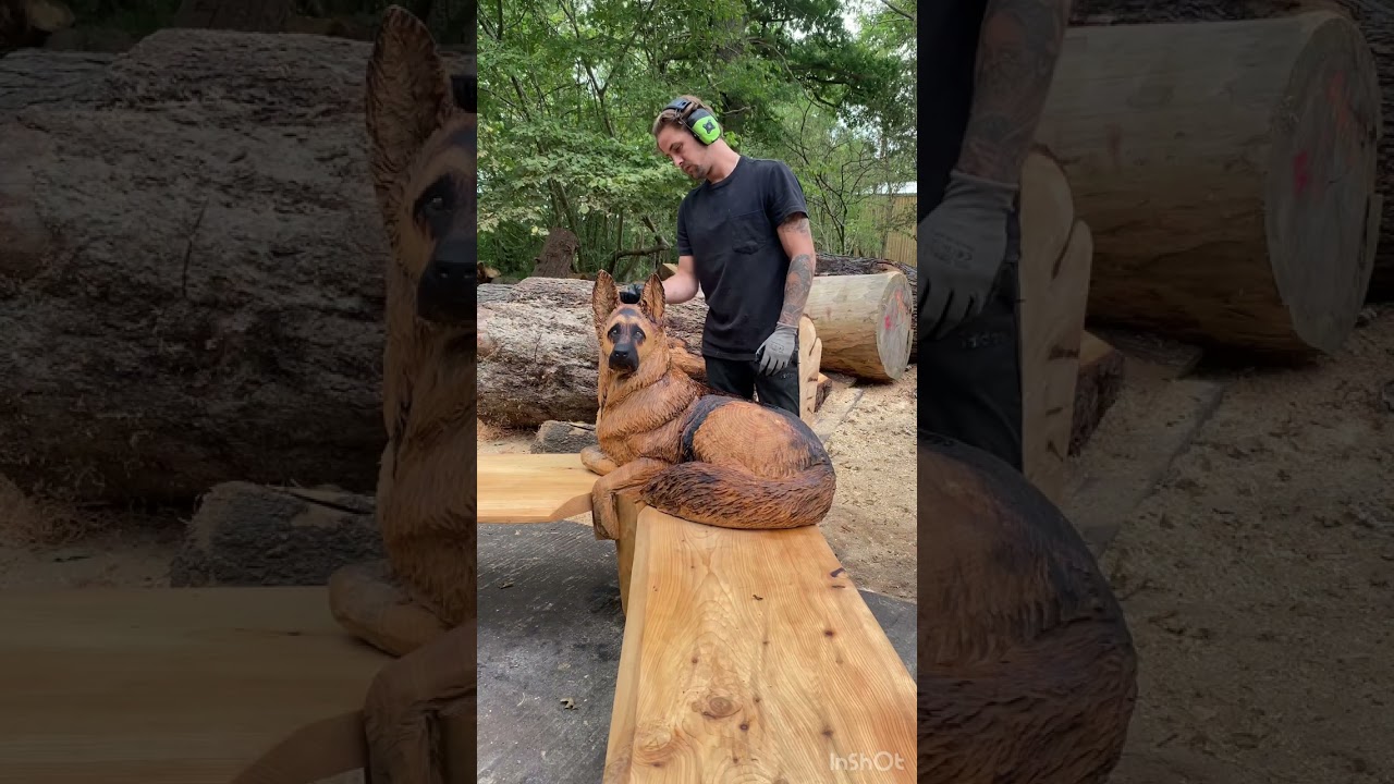 I hand-carved this German Shepherd bench with a Chainsaw! 