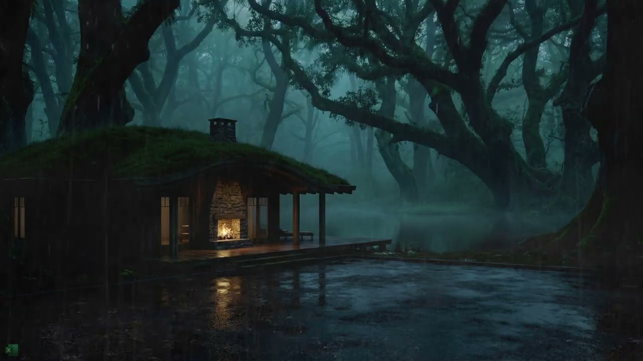 Heavy Rain Sound By Misty Forest Lake Cabin With Warm Terrace Fire And Blue Green Night Calm