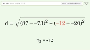 Find the distance between two points p1 (-73,-20) and p2 (87,-12): Step-by-Step Video Solution
