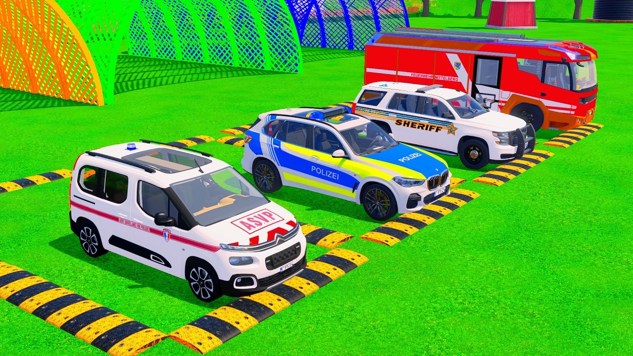 TRANSPORTING POLICE CARS, AMBULANCES & FIRE TRUCK WITH MAN EYE TRUCKS ! FS 22