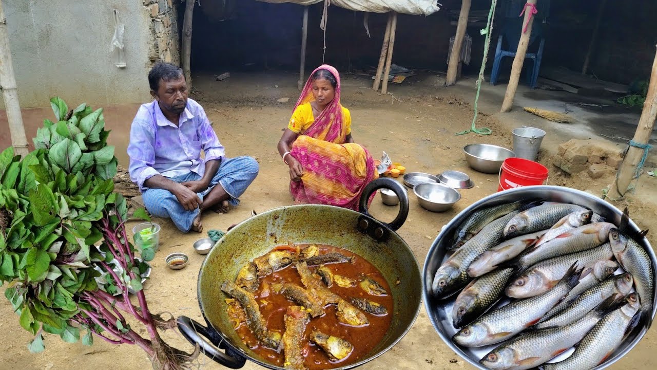 how to cook FISH CURRY and VEGETABLE curry cooking and eating by tribe grandma||village life style