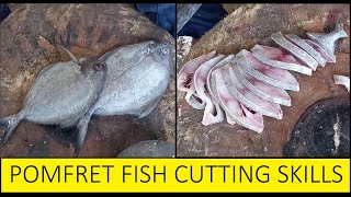 Pomfret live fish cutting in Indian fish market / Amazing professional fish cutting skills