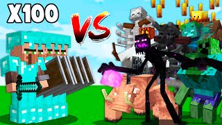 100 DIAMONG GUARD VILLAGERS vs ALL MUTANT MINECRAFT ENDERMAN, WITHER, ZOMBIE, SKELETON TOURNAMENT