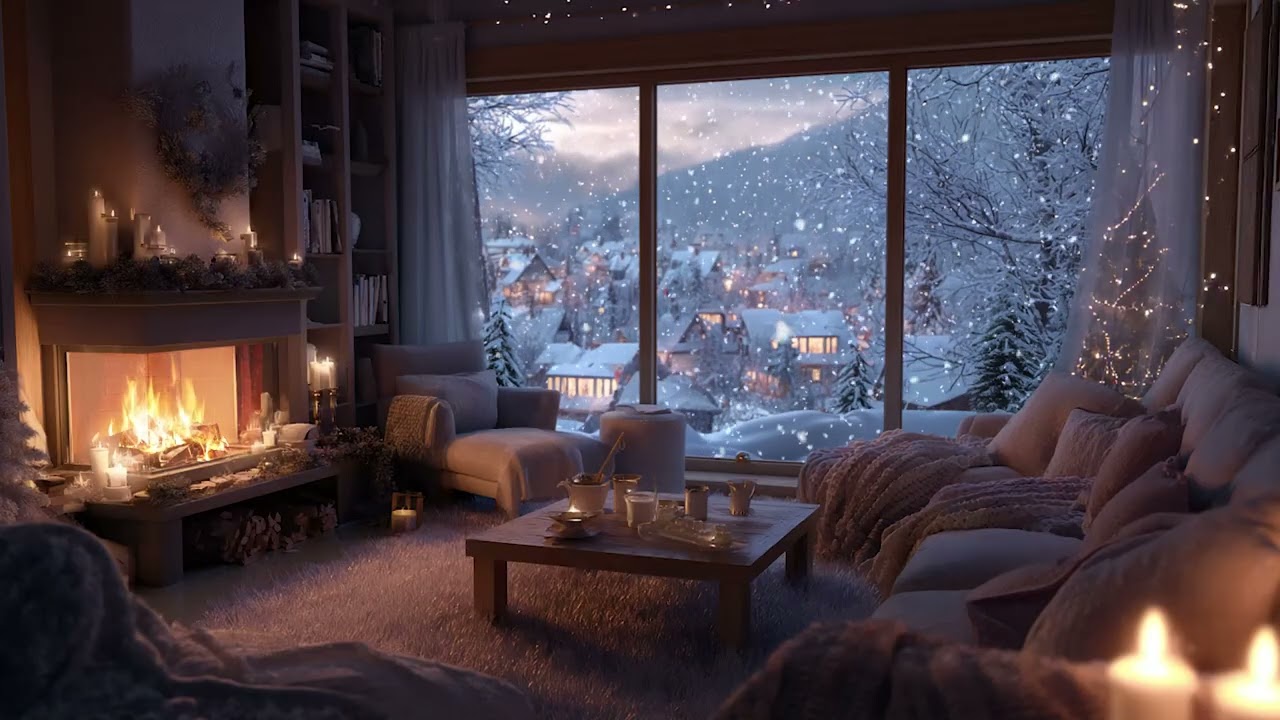 Winter Snowy Cabin with Soft Piano | Warm Fire and Deep Relaxation
