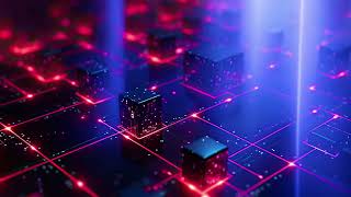 Abstract 3d render of futuristic city with glowing cubes. Technology concept. A closeup of a red