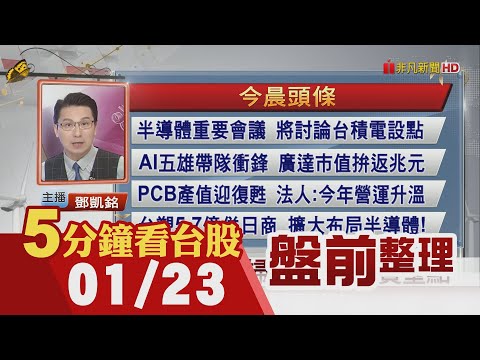 道瓊.標普創高!半導體會議將討論台積電設點 AI五雄衝鋒 廣達市值拚返兆元!台塑併日商 擴大布局半導體 紅海攻擊未停歇 運價單月翻倍大漲｜主播鄧凱銘｜【5分鐘看台股】20240123｜非凡財經新聞