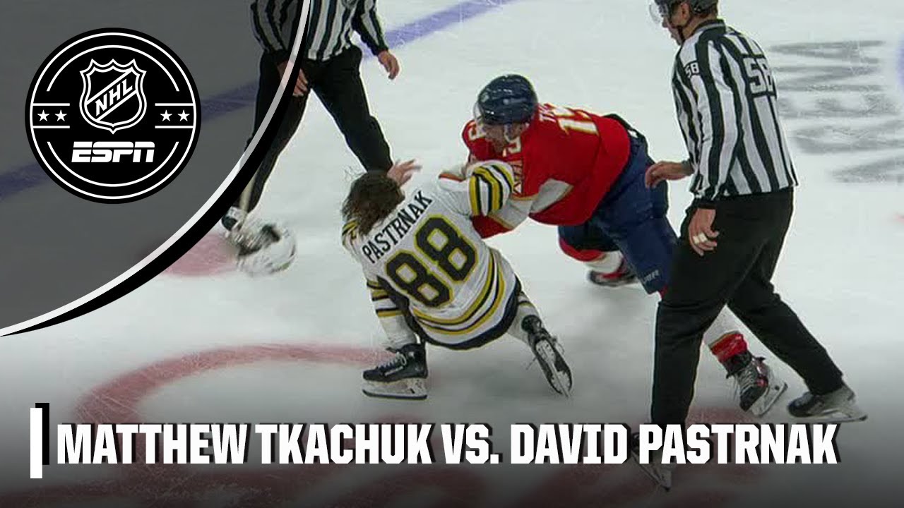 Bruins' David Pastrnak Fights Matthew Tkachuk