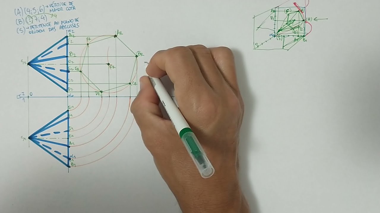 Épura de pirâmide reta de base hexagonal regular apoiada em plano de perfil