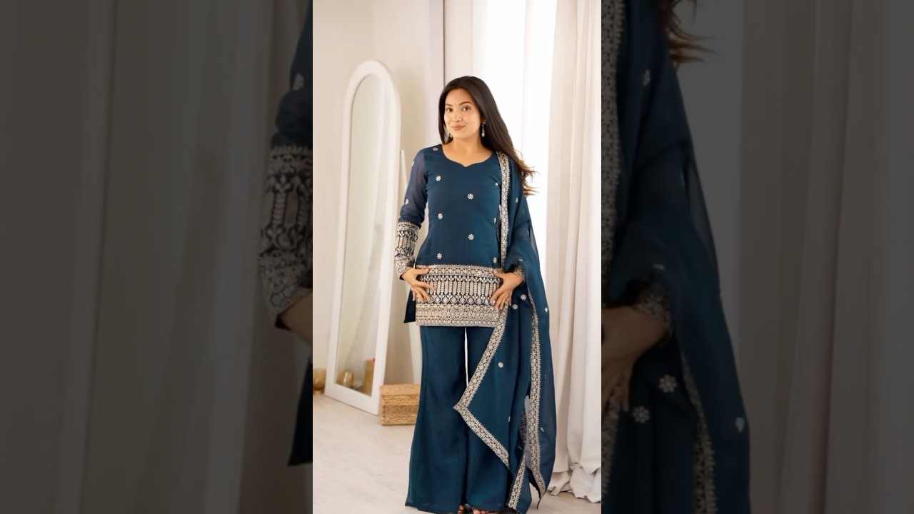 Teal Blue Sequins Embroidered Suit – Bell Bottom Set with Dupatta