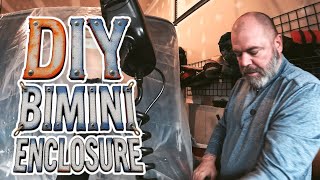 $30 Custom Bimini Top Enclosure from a Walmart Shower Curtain and a couple Blue Tarps #diy #diyboat
