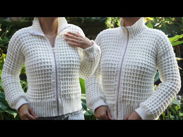 How To Crochet A Waffle Textured Jacket | crochet zippered jacket